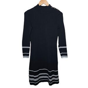 Ann Taylor Women's Small Petite Black White Stripe Mock Neck Sweater Dress